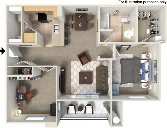 Floor plan for 1 bed, 1 bath, 968 sqft